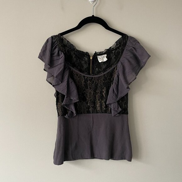 Free People Floral Lace Ruffles Accent Scoop Neck Casual Blouse Black Small - Picture 3 of 6